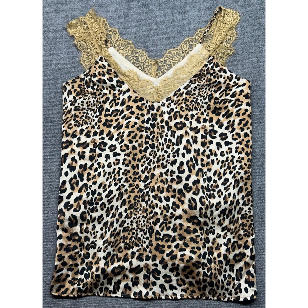 Umgee USA Tank Top Blouse Womens S Gold Lace Trim Sleeveless Leopard Print New